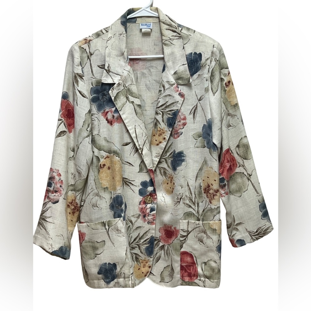 Vintage floral blazer single button front pockets flax women’s size 14